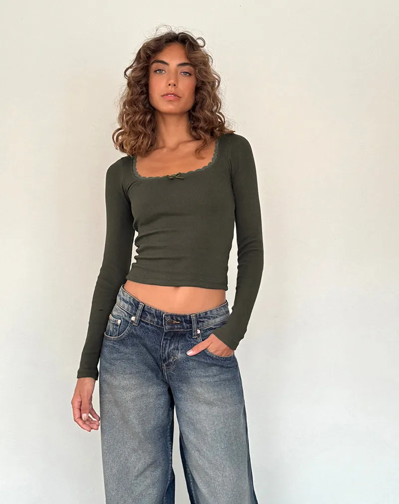 Bovita Long Sleeve Ribbed Top in Olive sold by Motel Rocks product image thumbnail 2