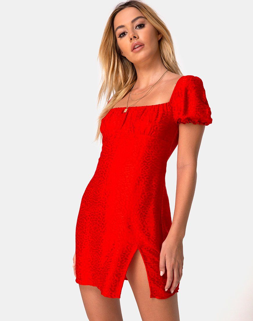 Lonma Dress in Satin Cheetah Red sold by Motel Rocks