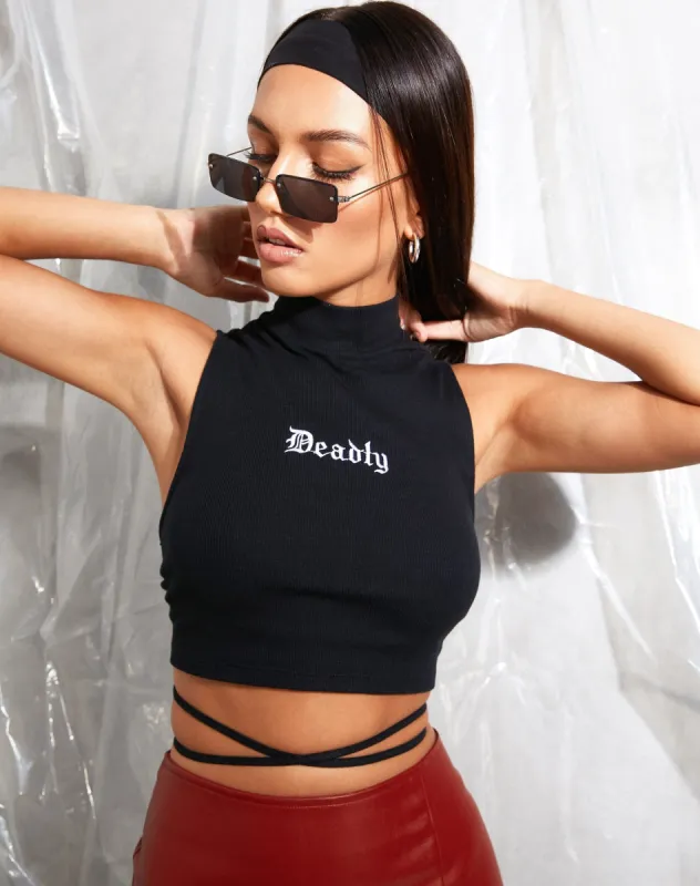Quera Crop Top in Rib Black 'Deadly' Embro sold by Motel Rocks