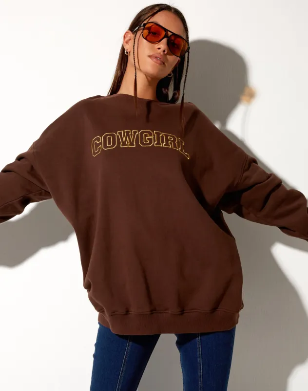 Glo Sweatshirt in Deep Mahogany with 'Cowgirl' Gold Embro sold by Motel Rocks