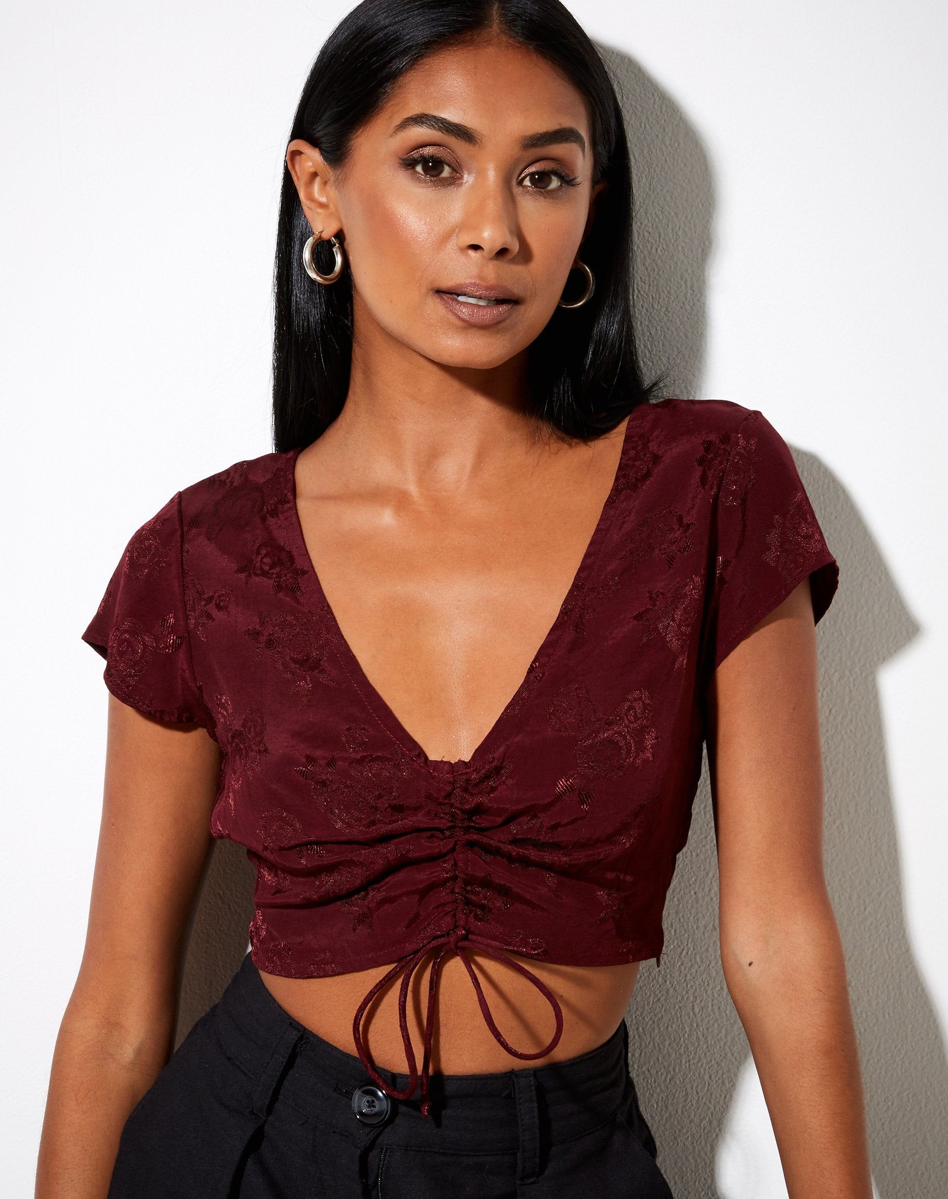 Raeto Crop Top in Satin Rose Burgundy sold by Motel Rocks product image thumbnail 2