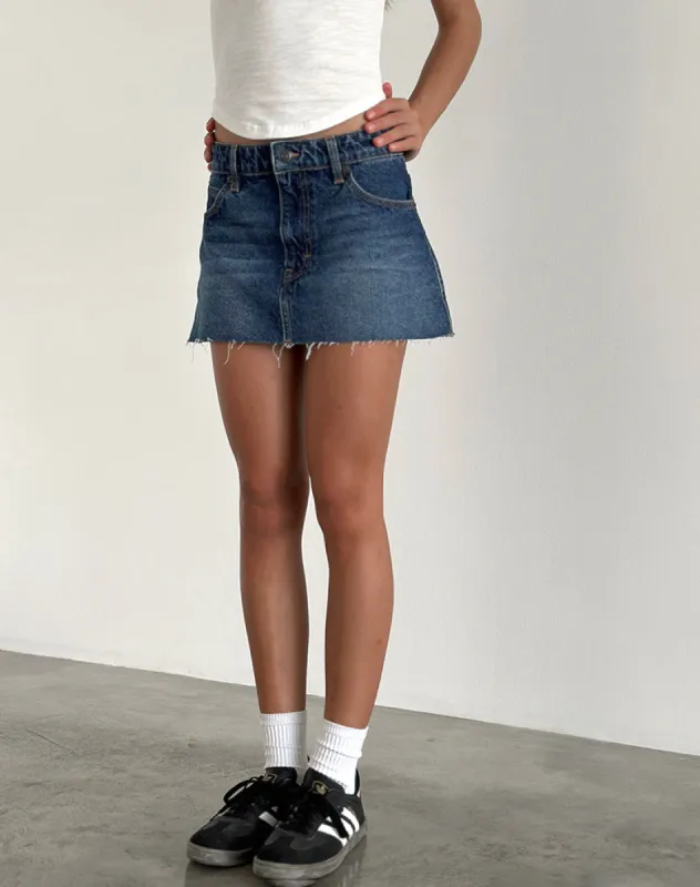 Raw Hem Denim Mini Skirt in Mid Blue Used sold by Motel Rocks