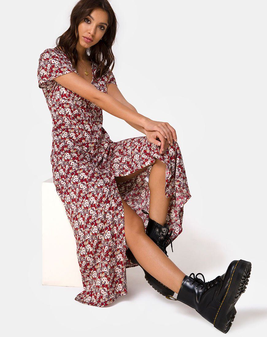 Larin Midi Dress in Floral Charm Red sold by Motel Rocks