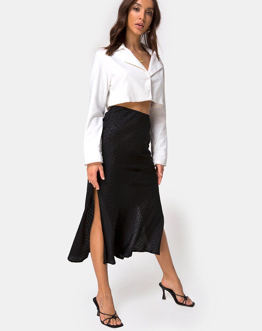 Tindra Midi Skirt in Satin Ditsy Rose Black sold by Motel Rocks