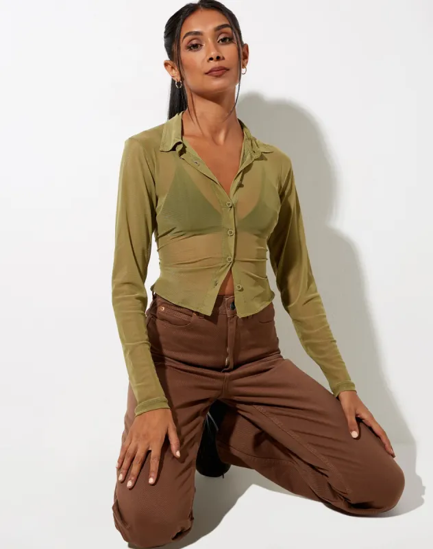 Kelly Shirt in Mesh Olive sold by Motel Rocks