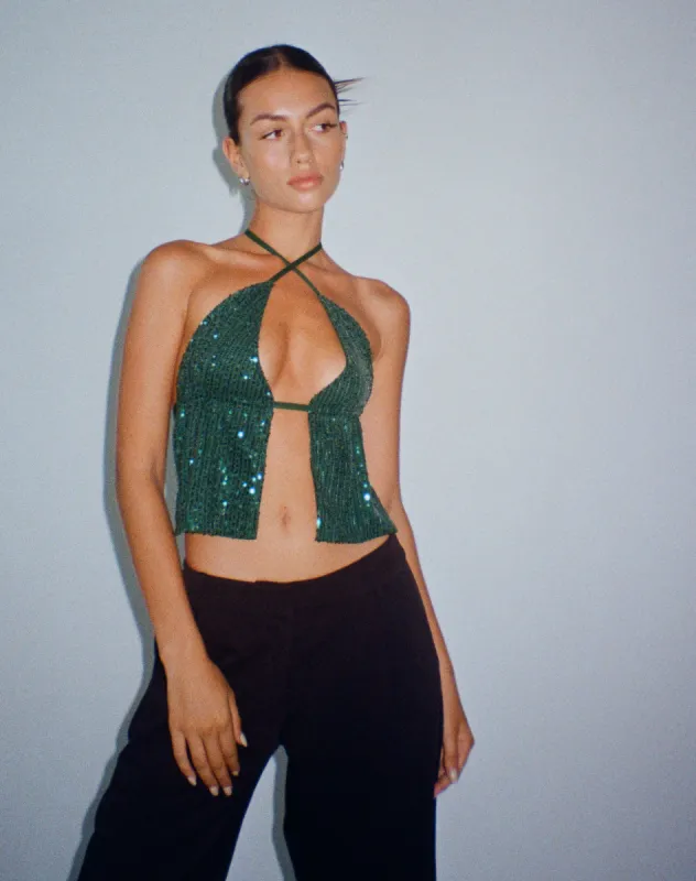 Runita Halter Top in Drape Sequin Forest Green sold by Motel Rocks