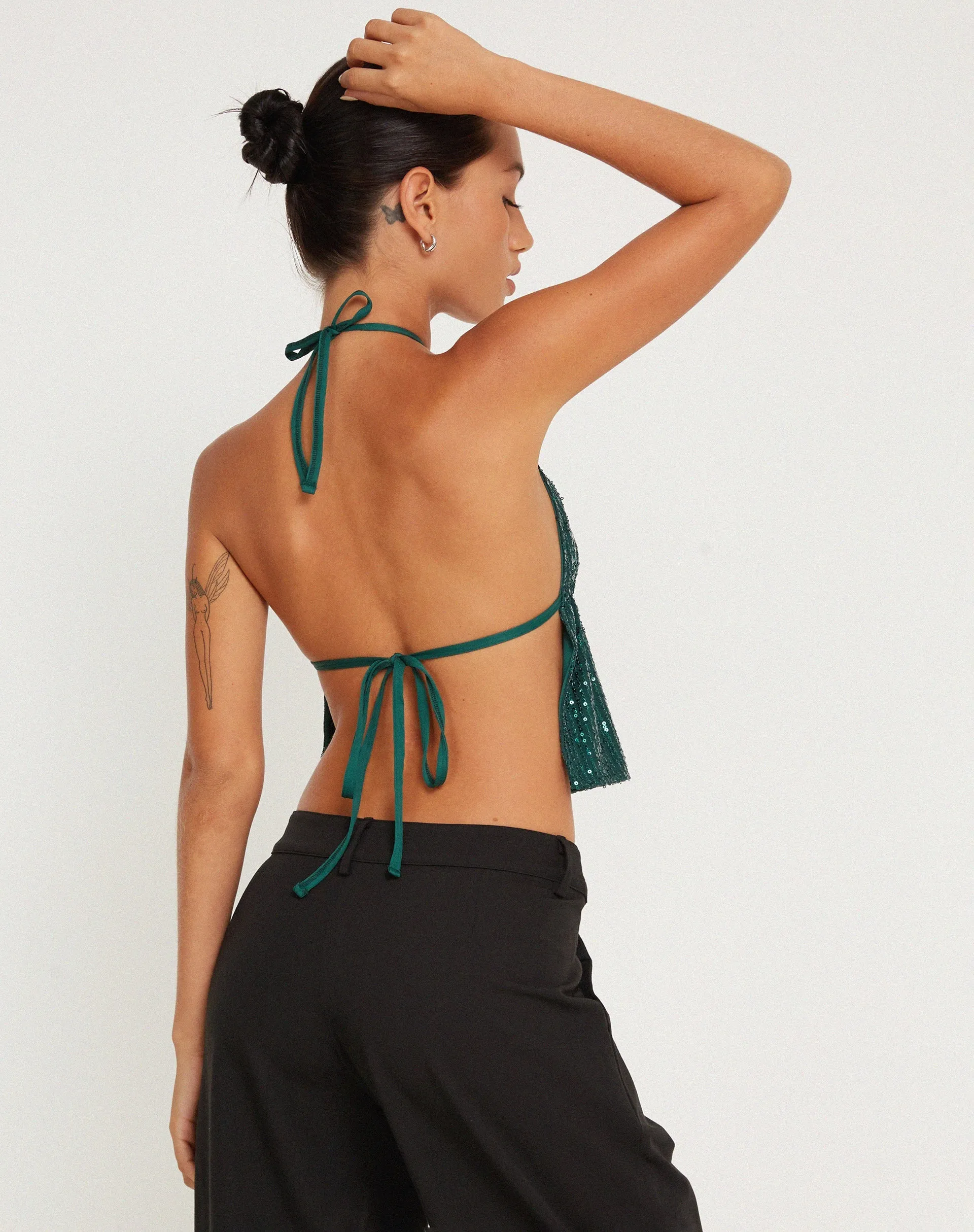 Runita Halter Top in Drape Sequin Forest Green sold by Motel Rocks product image thumbnail 2