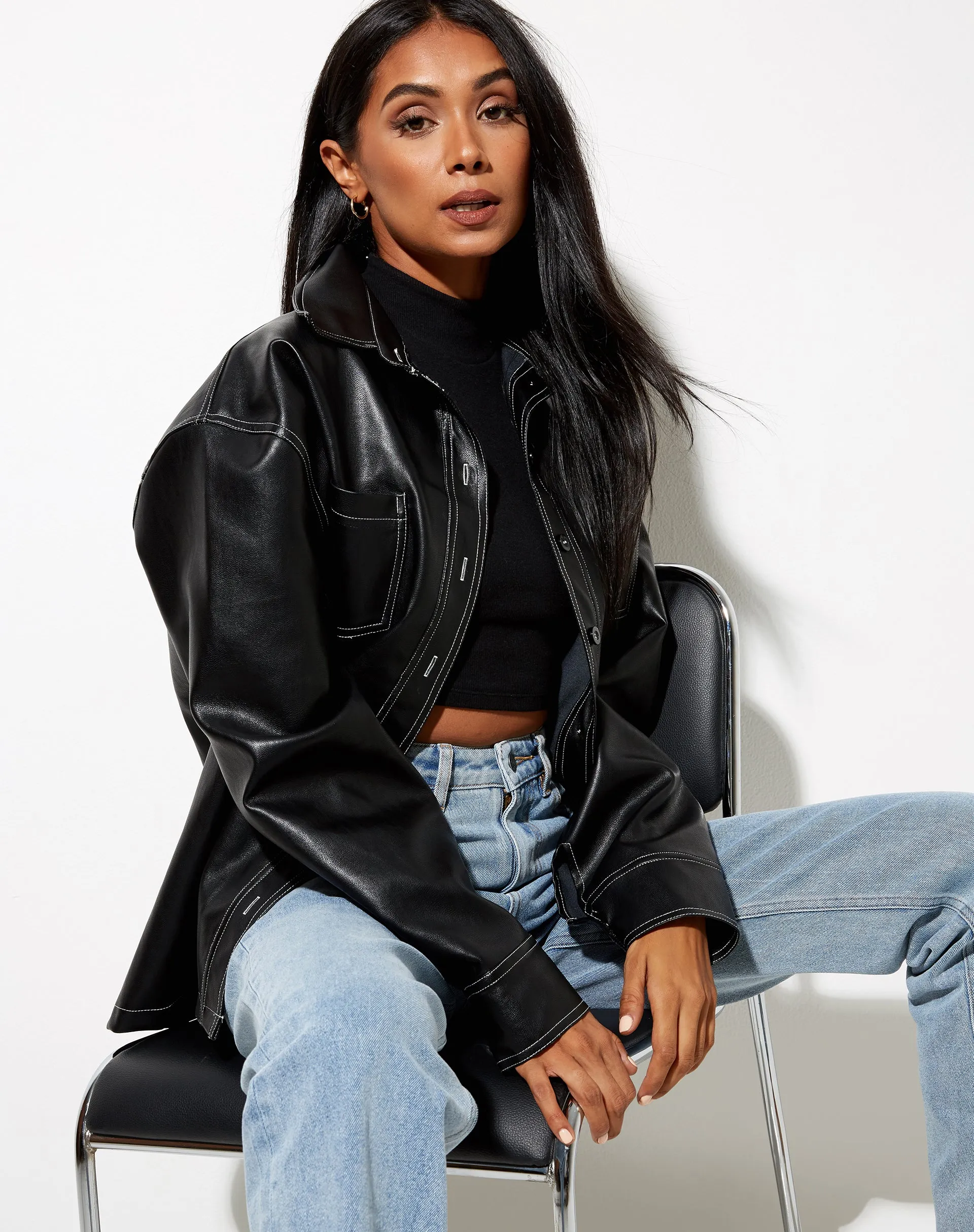 Lumberjack Shirt in PU Black with White Stitch sold by Motel Rocks product image thumbnail 5