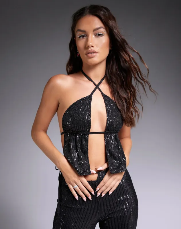 Runita Halter Top in Drape Sequin Black sold by Motel Rocks