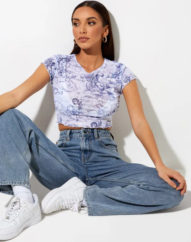 Tince Crop Top in 20's Cherub White Blue sold by Motel Rocks
