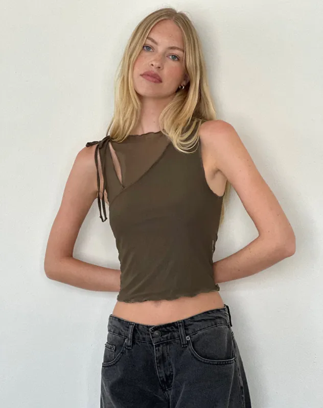Moni Tie Tank Top in Mesh Khaki sold by Motel Rocks