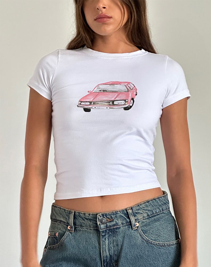 Sutin Baby Tee in White with Scribble Car Graphic sold by Motel Rocks