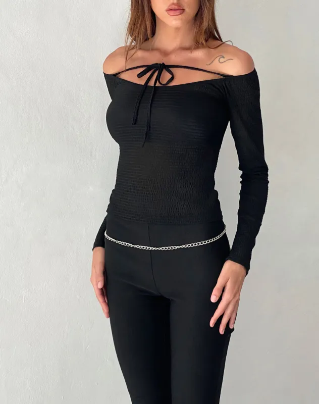 Alondra Long Sleeve Tie Front Top in Textured Black sold by Motel Rocks