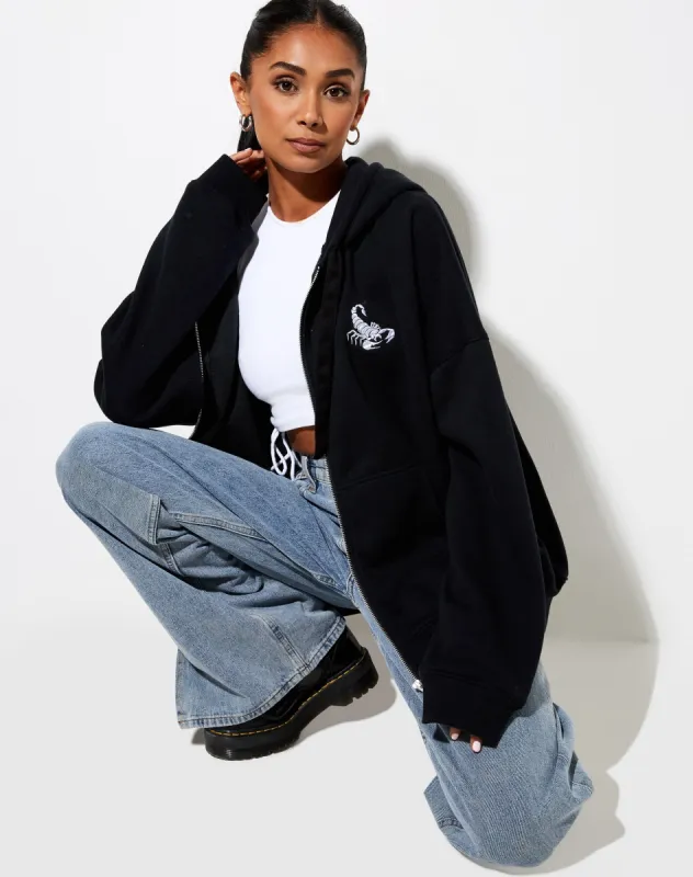 Hollack Hoodie in Black with White Scorpion Embro sold by Motel Rocks