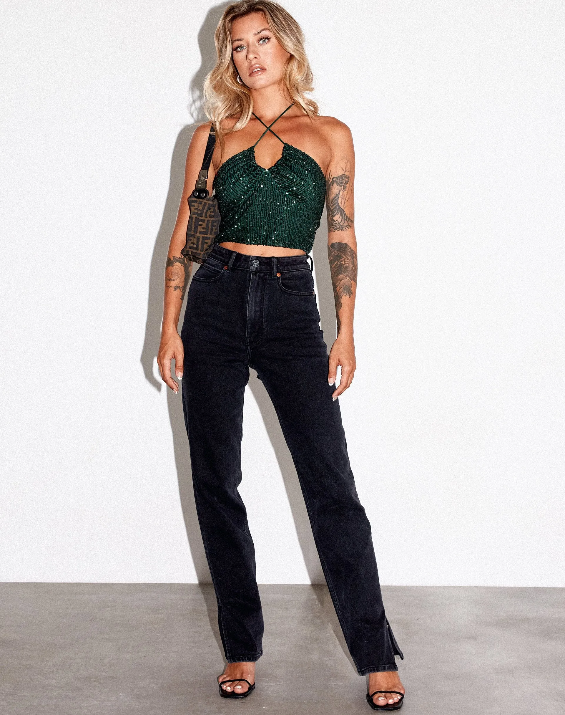 Haltri Crop Top in Drape Sequin Forest Green sold by Motel Rocks product image thumbnail 3