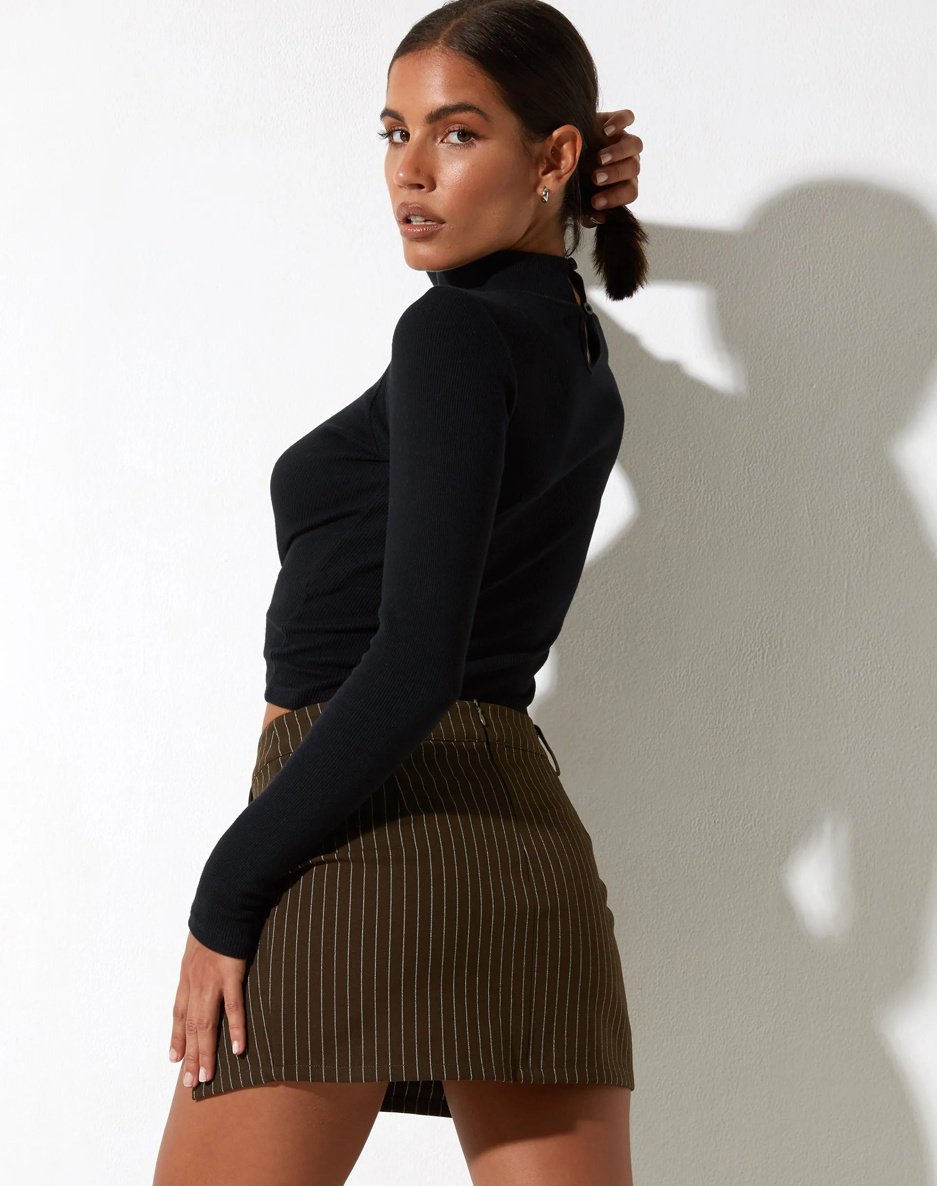 Pita Mini Skirt in Pinstripe Brown sold by Motel Rocks product image thumbnail 3
