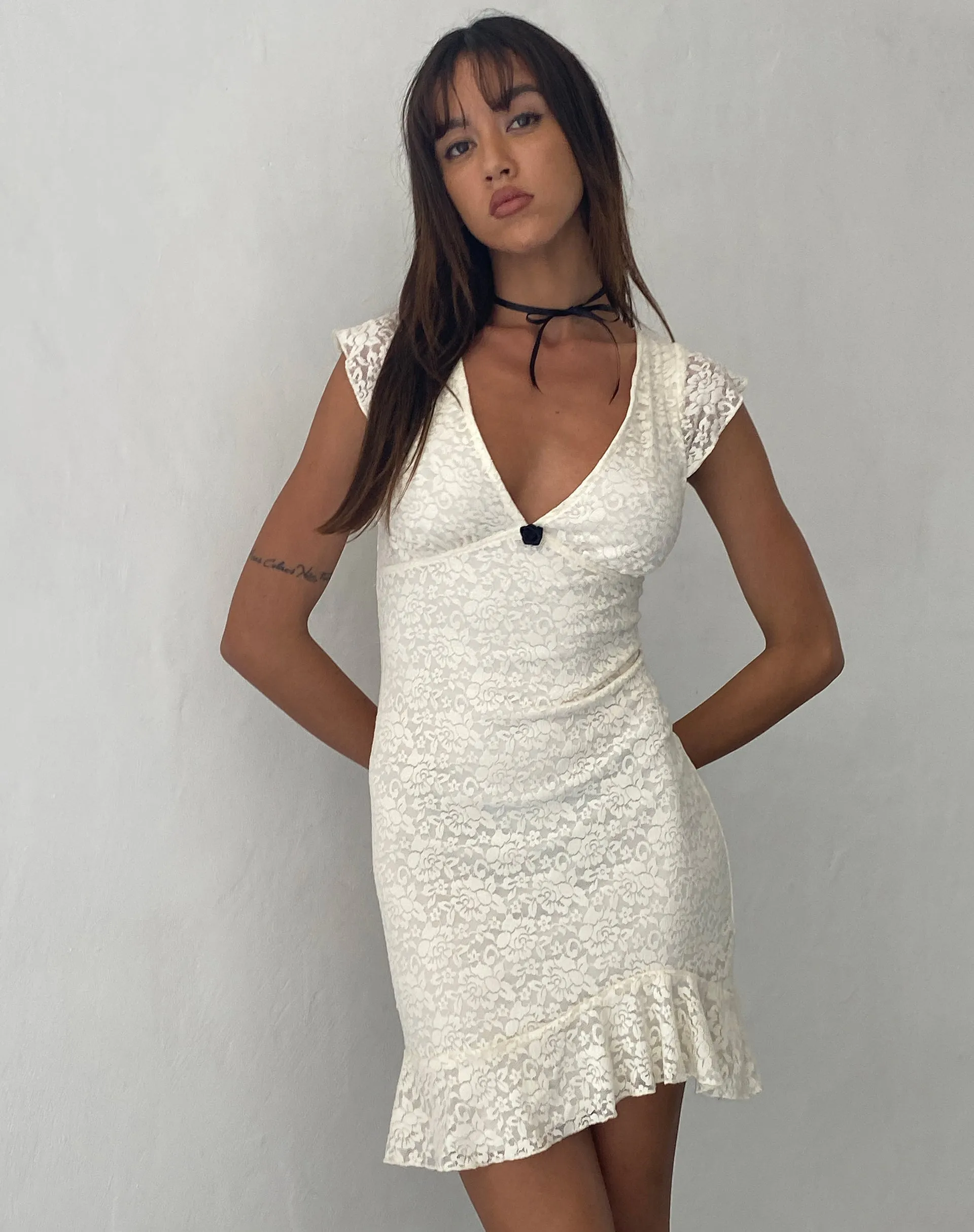 Ginevra Frill Hem Mini Dress in Rose Lace Ivory sold by Motel Rocks product image thumbnail 3