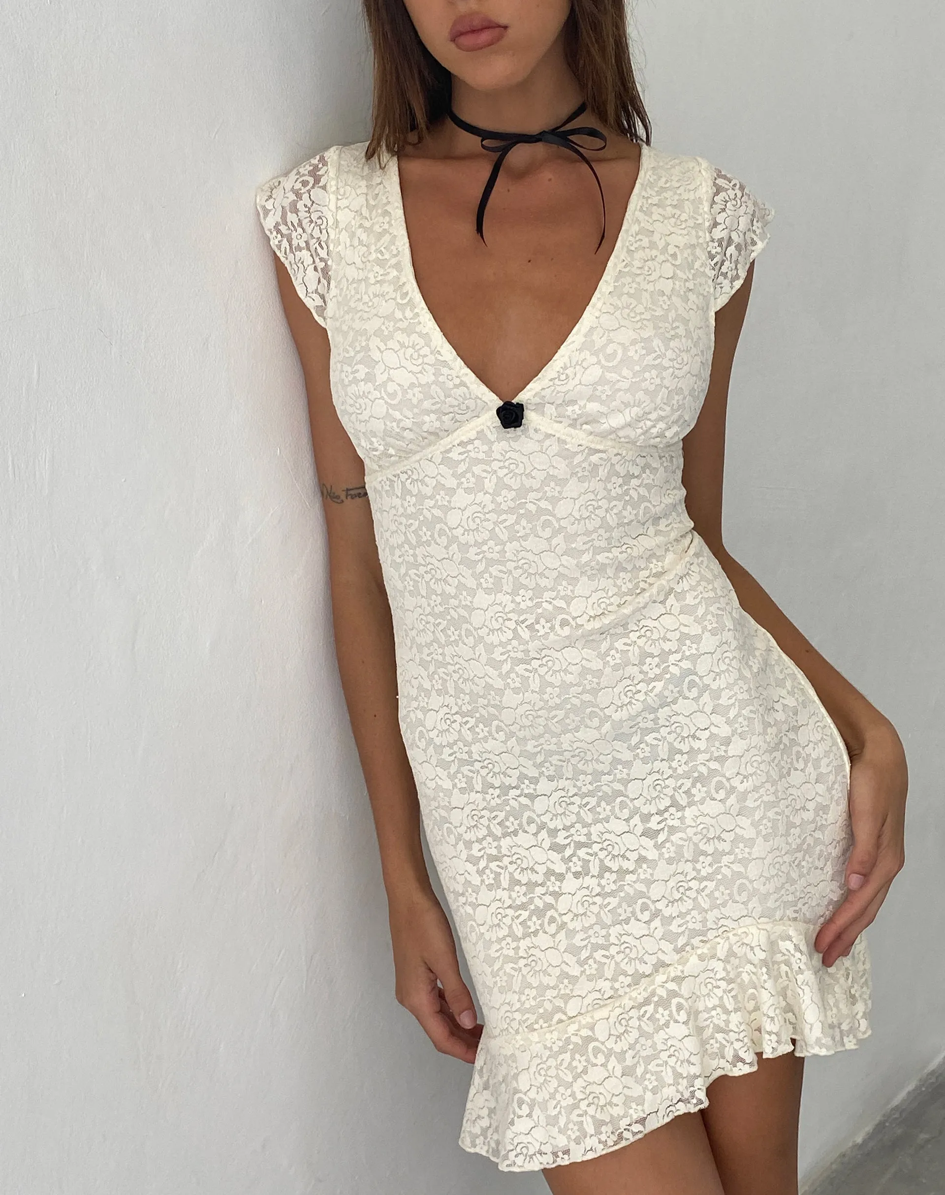 Ginevra Frill Hem Mini Dress in Rose Lace Ivory sold by Motel Rocks product image thumbnail 2