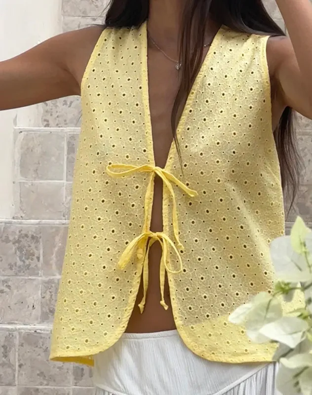 Kayve Tie Front Top in Broderie Yellow sold by Motel Rocks