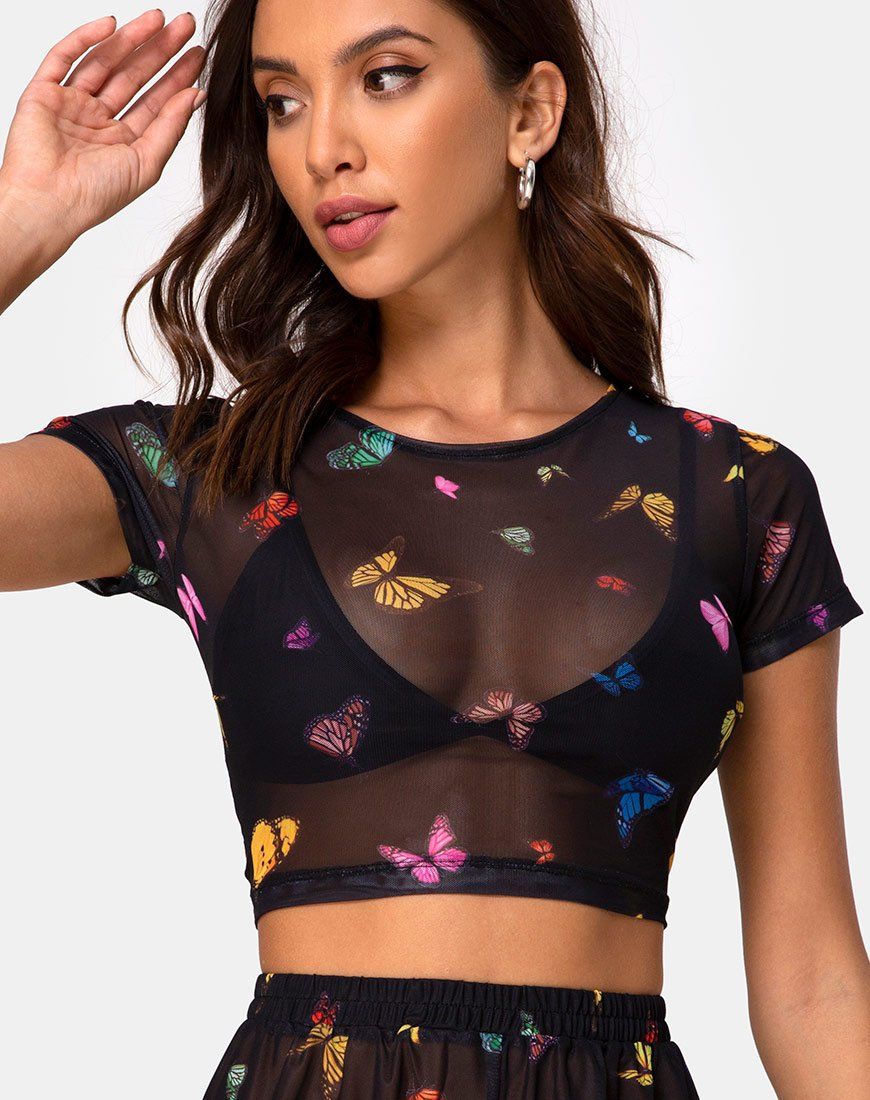 Tiney Crop Top Tee in Mesh Black Butterfly sold by Motel Rocks product image thumbnail 2