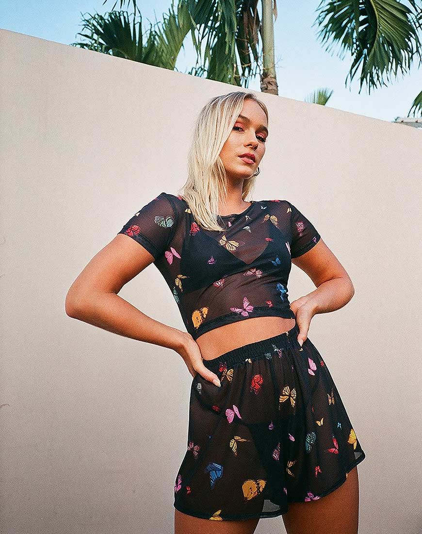 Tiney Crop Top Tee in Mesh Black Butterfly sold by Motel Rocks