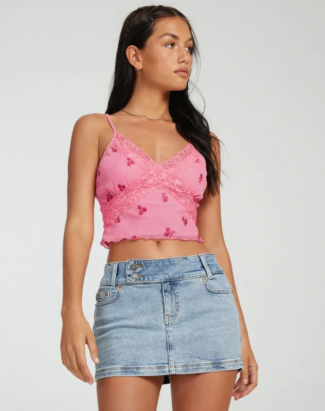 Yecaca Crop Top in Pink Ditsy Daisy Embro sold by Motel Rocks