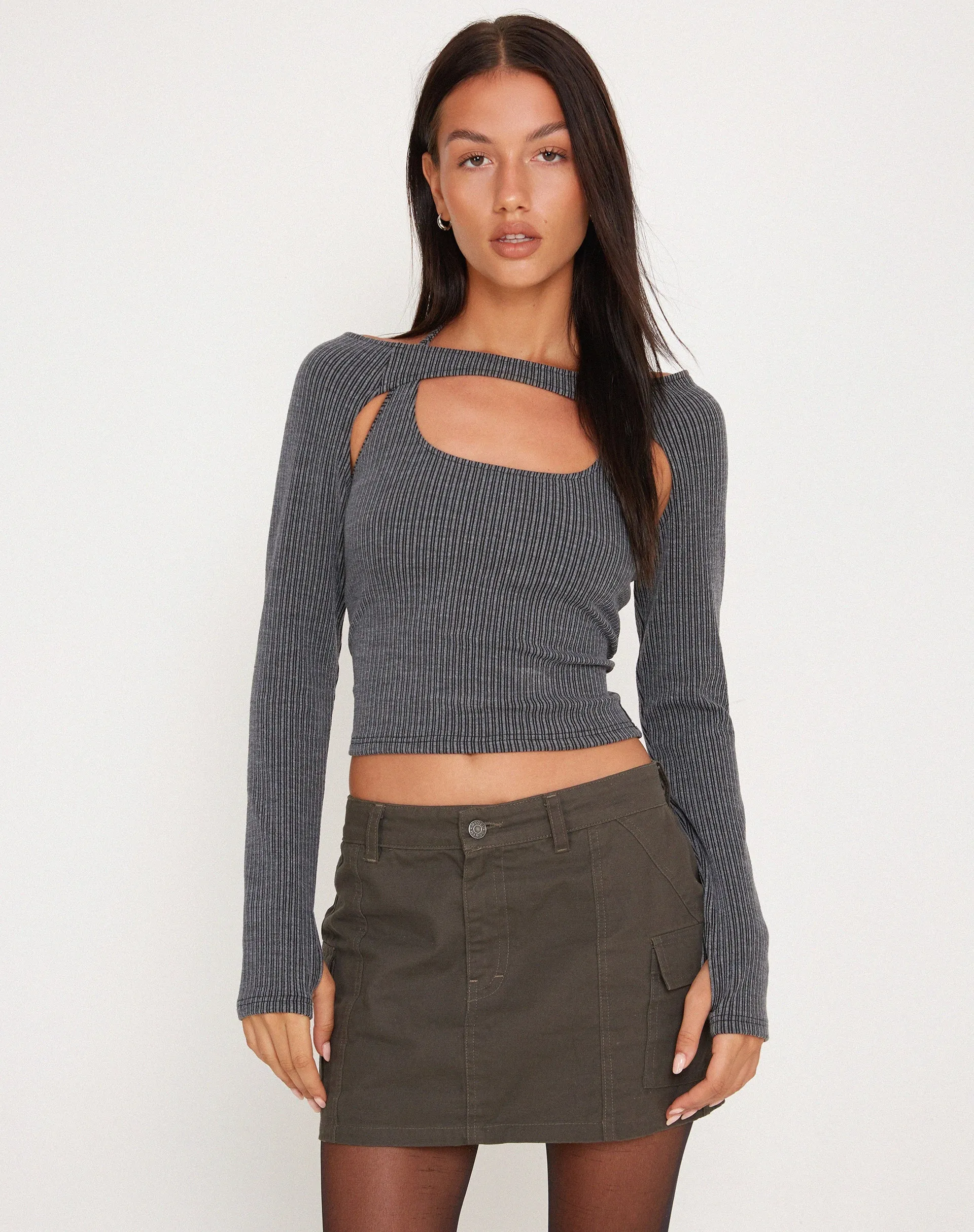 Brandy Long Sleeve Top in Two Tone Rib Charcoal sold by Motel Rocks product image thumbnail 5