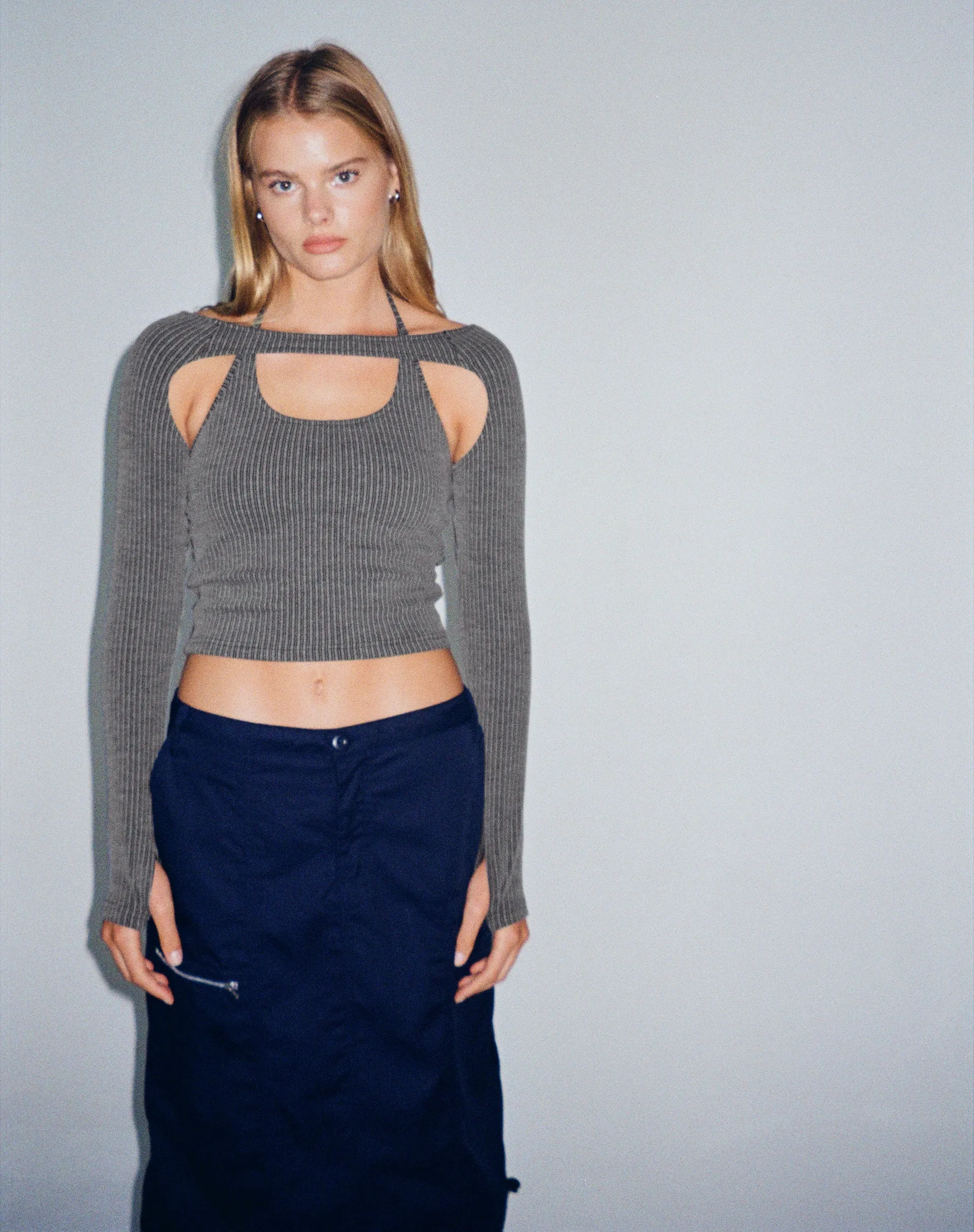 Brandy Long Sleeve Top in Two Tone Rib Charcoal sold by Motel Rocks