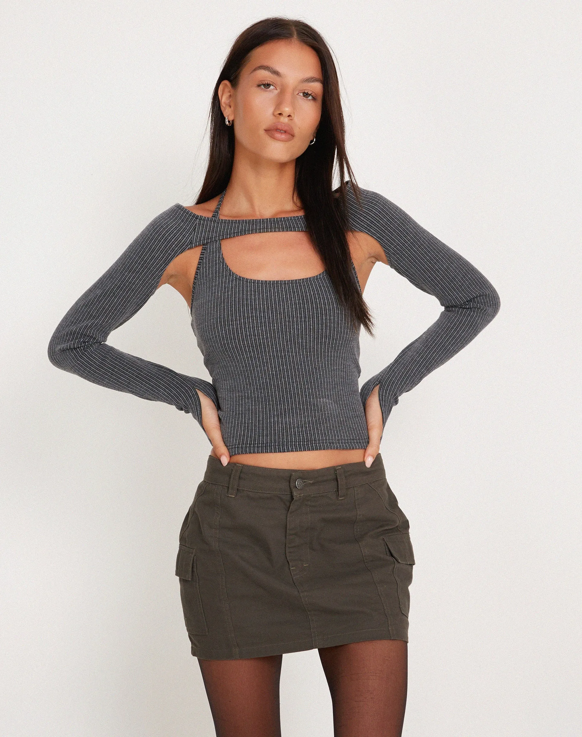 Brandy Long Sleeve Top in Two Tone Rib Charcoal sold by Motel Rocks product image thumbnail 2