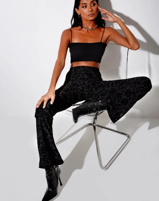 Jeevan Flare Trouser in Brocade Rose Flock Black sold by Motel Rocks