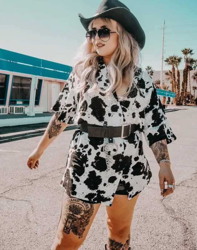 Fresia Mini Dress in Cow Hide Brown and White sold by Motel Rocks
