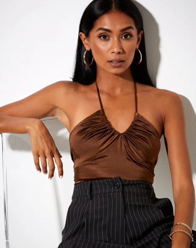 Haltri Crop Top in Satin Chocolate sold by Motel Rocks