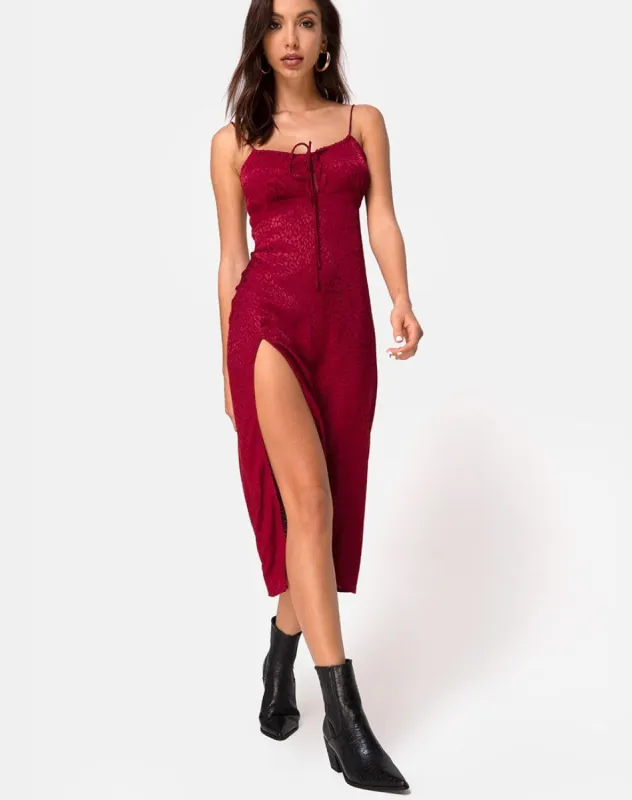 Cypress Midi Dress in Satin Cheetah Raspberry sold by Motel Rocks