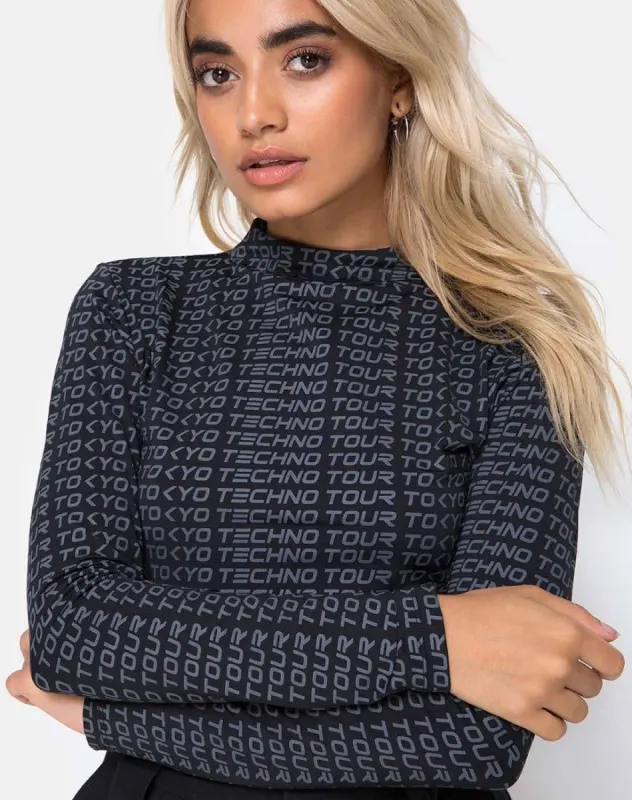 Rhala Crop Top in Tokyo Techno Tour Black sold by Motel Rocks