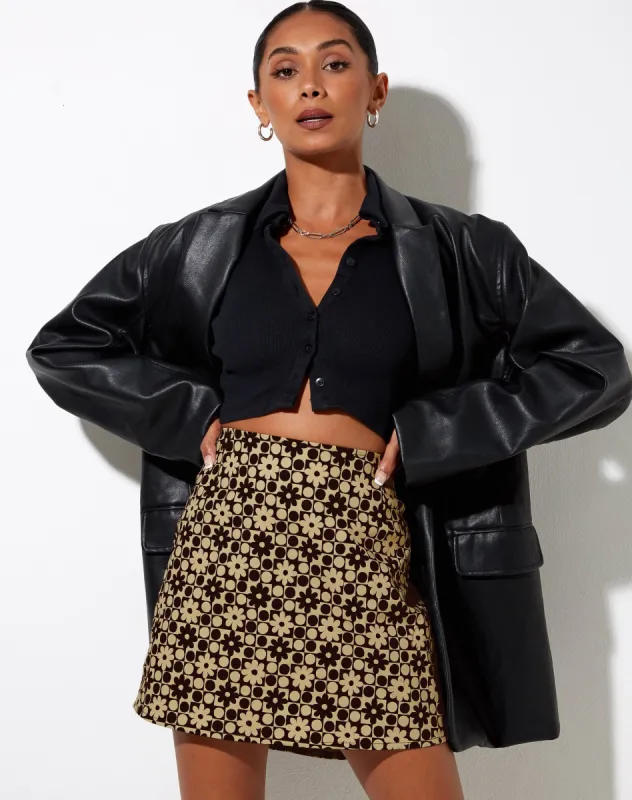 Pelmo Mini Skirt in Patchwork Daisy Brown sold by Motel Rocks