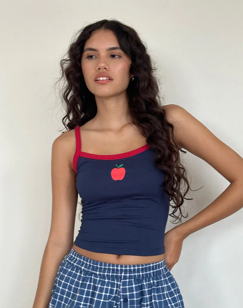 Icah Vest Top in Navy with Red Binding and Apple Motif sold by Motel Rocks