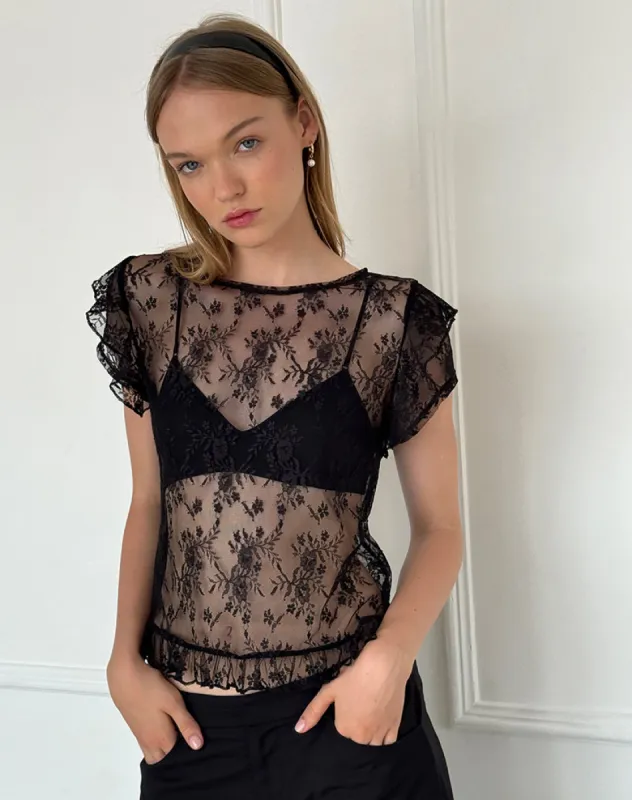 Champel Top in Wild Rose Lace Black sold by Motel Rocks