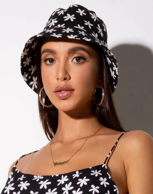 Bucket Hat in 90's Daisy Black and White sold by Motel Rocks