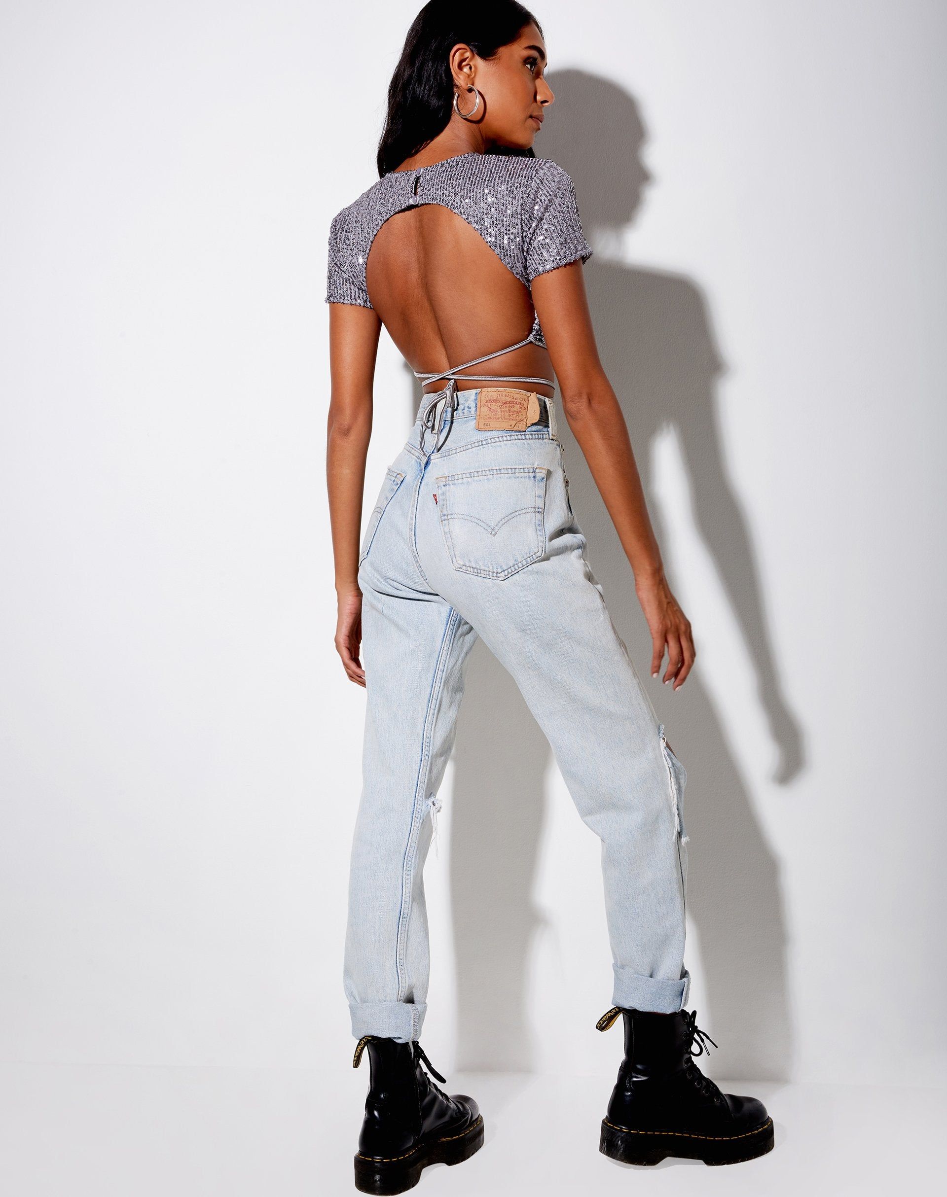 Tasya Crop Top in Drape Sequin Silver sold by Motel Rocks product image thumbnail 4