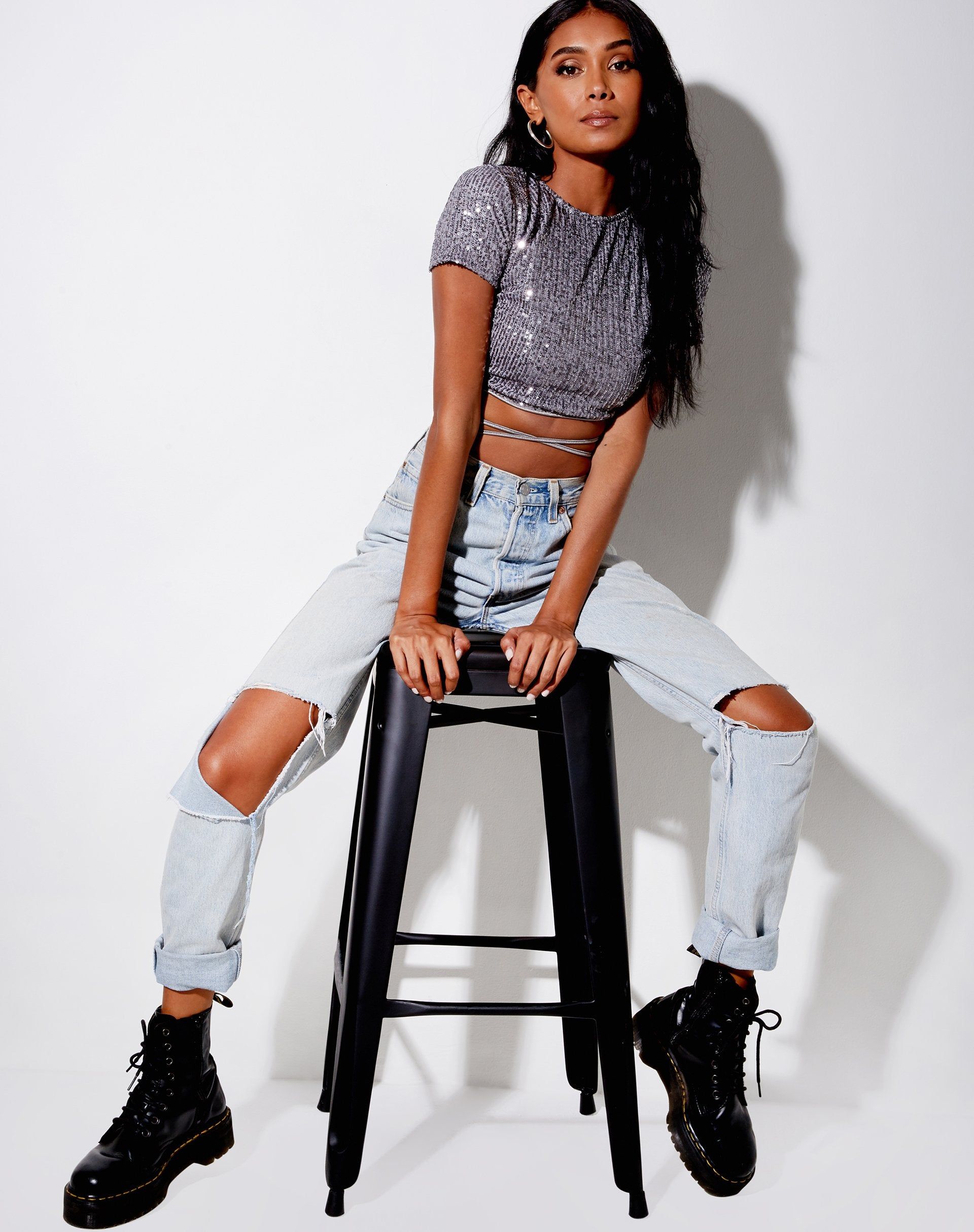 Tasya Crop Top in Drape Sequin Silver sold by Motel Rocks product image thumbnail 2