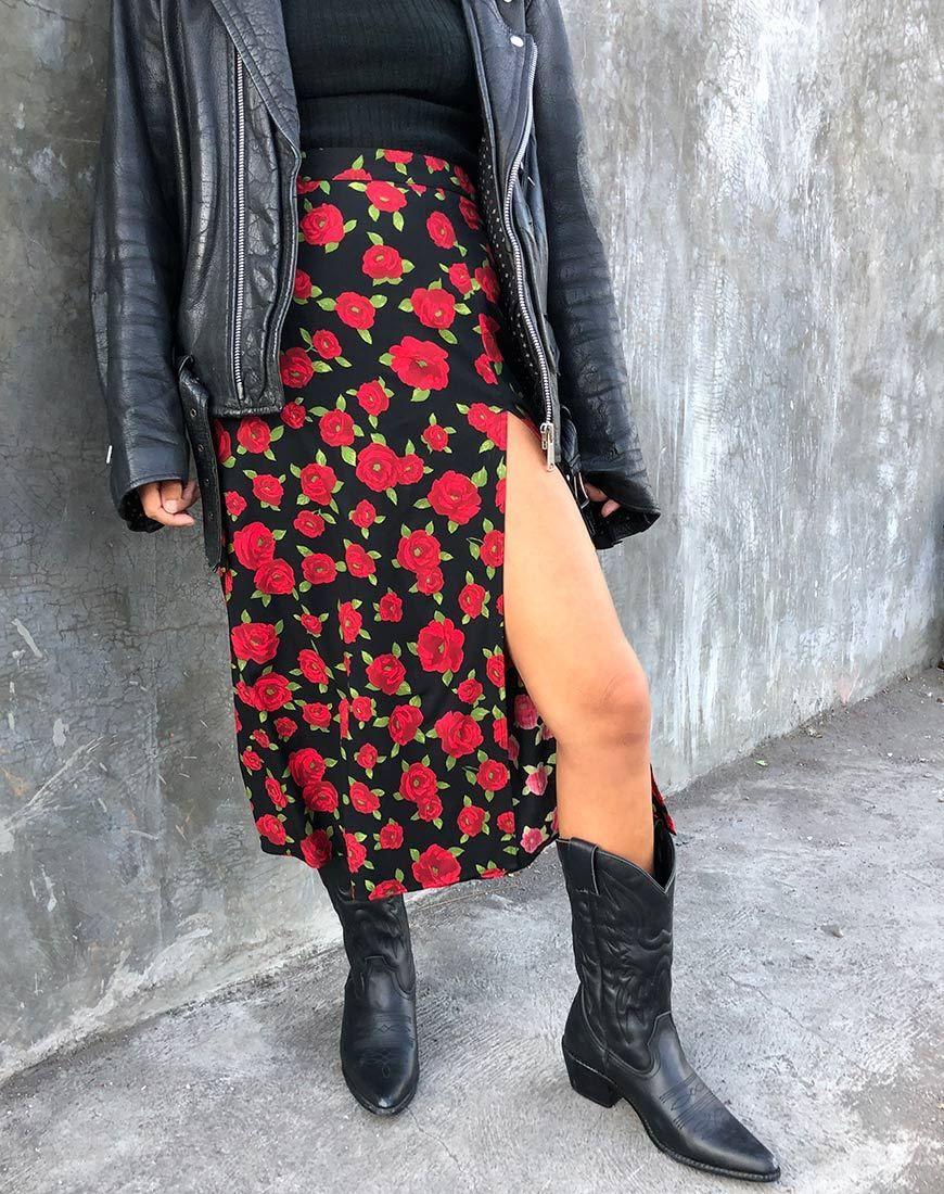 Saika Midi Skirt in Roaming Rose Black sold by Motel Rocks