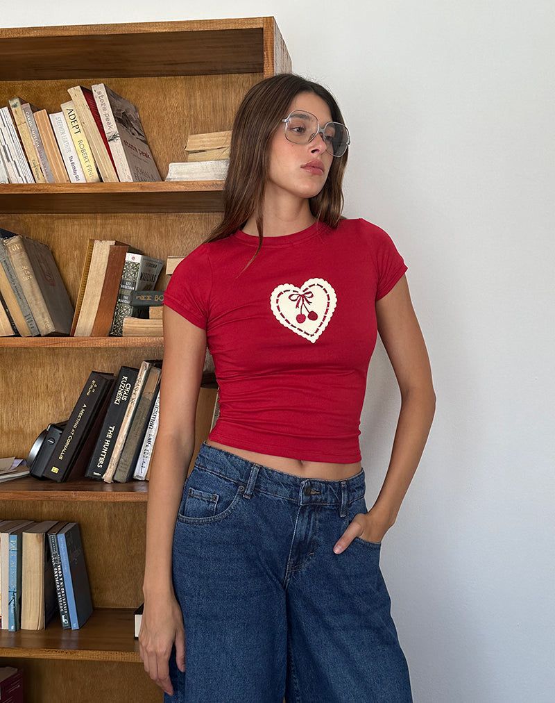 Sutin Baby Tee in Adrenaline Red with Embroidered Cherry Heart sold by Motel Rocks product image thumbnail 2