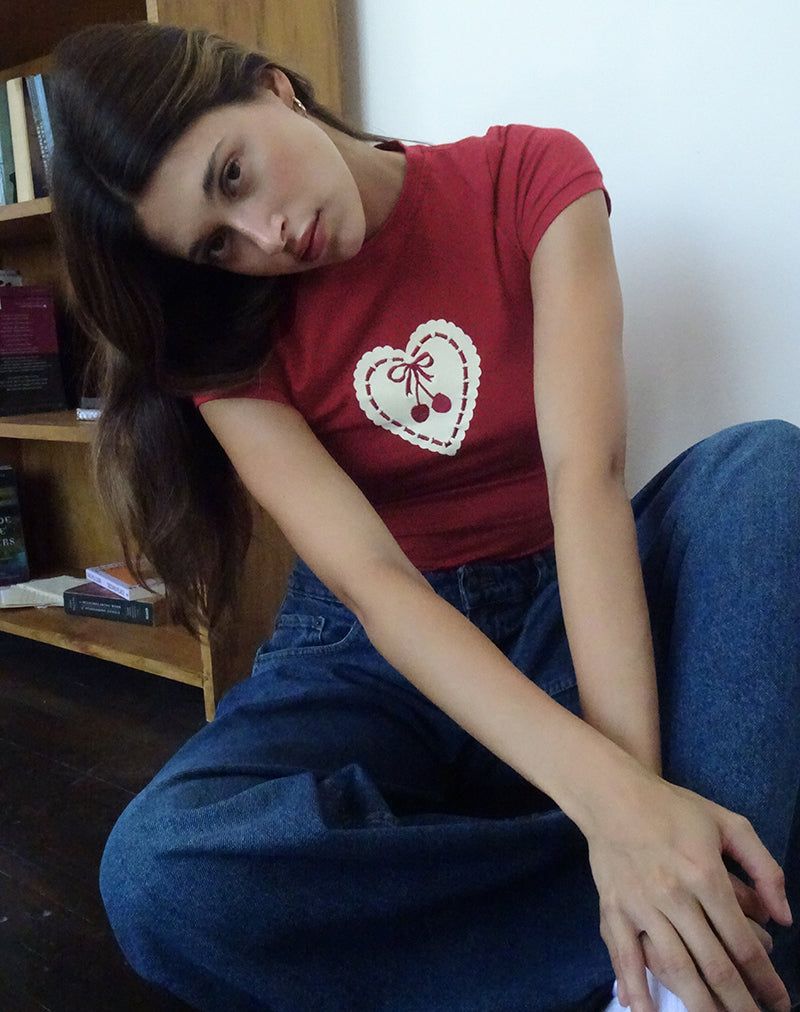Sutin Baby Tee in Adrenaline Red with Embroidered Cherry Heart sold by Motel Rocks product image thumbnail 3