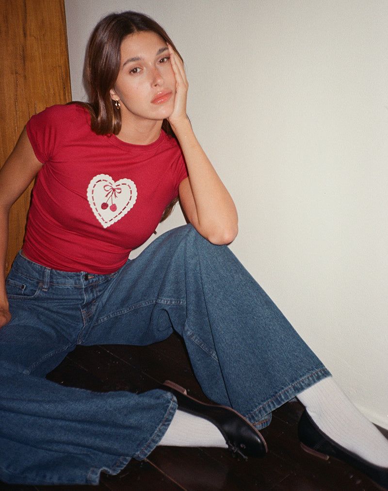 Sutin Baby Tee in Adrenaline Red with Embroidered Cherry Heart sold by Motel Rocks product image thumbnail 5