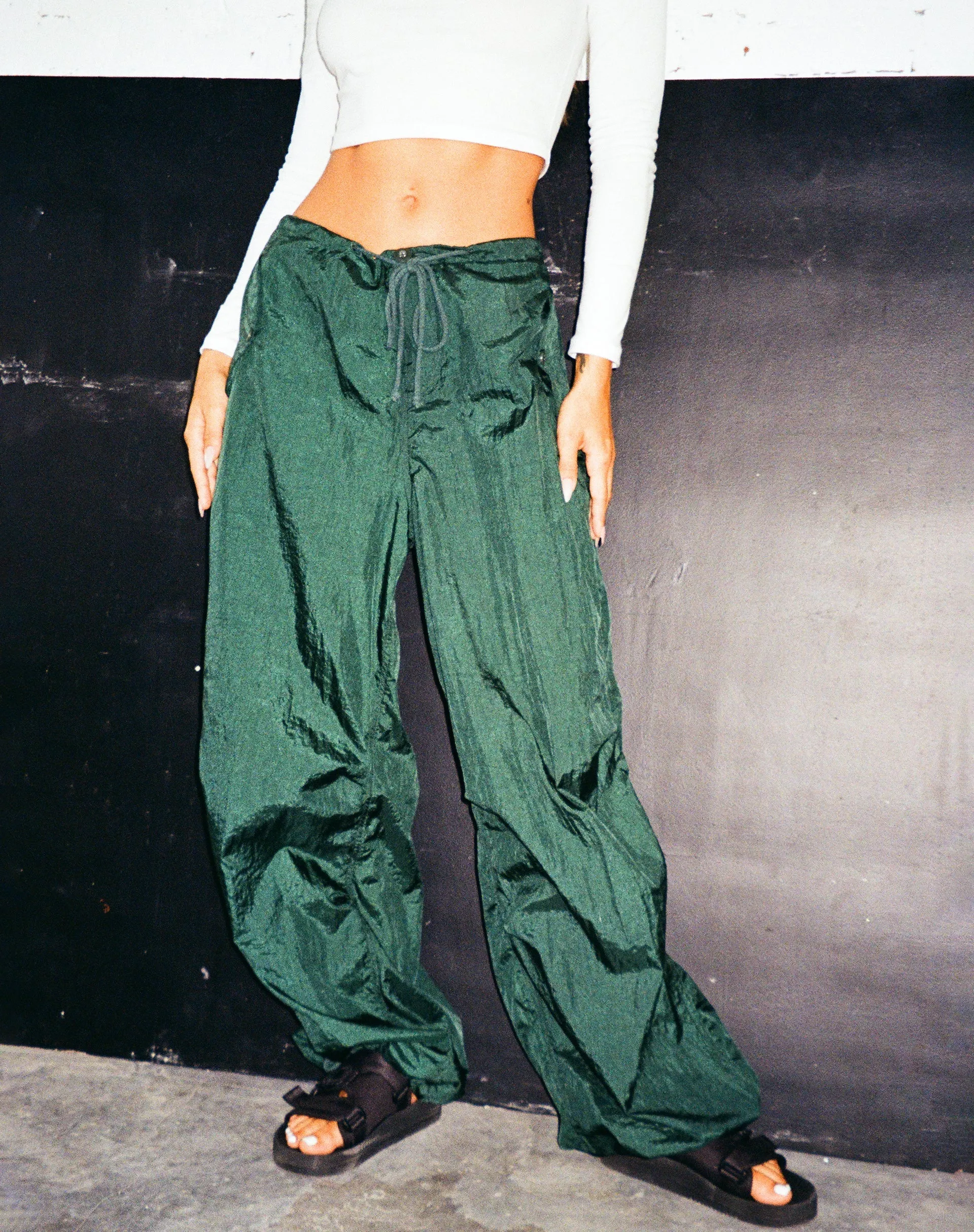 Chute Trouser in Parachute Bottle Green sold by Motel Rocks
