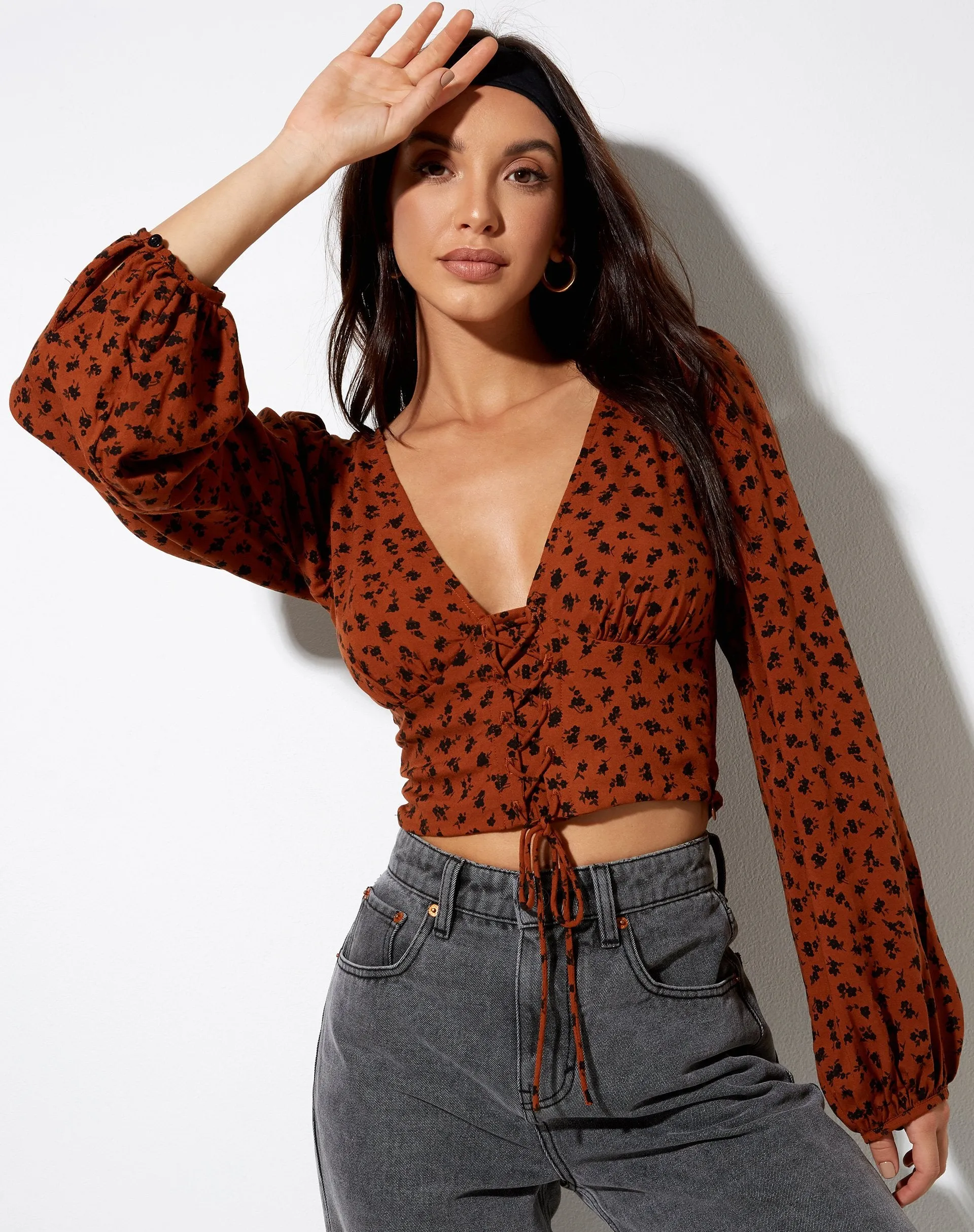Romina Top in Dainty Daisy Bombay Brown sold by Motel Rocks