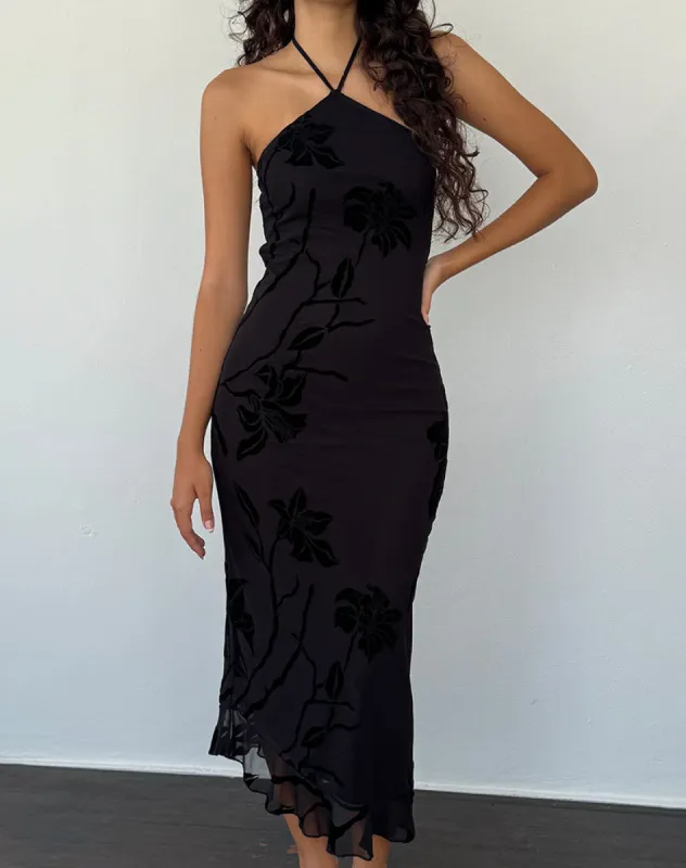 Ribka Halterneck Midi Dress in Orchids Flock Black sold by Motel Rocks