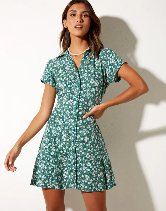 Holma Mini Dress in Floral Field Green sold by Motel Rocks