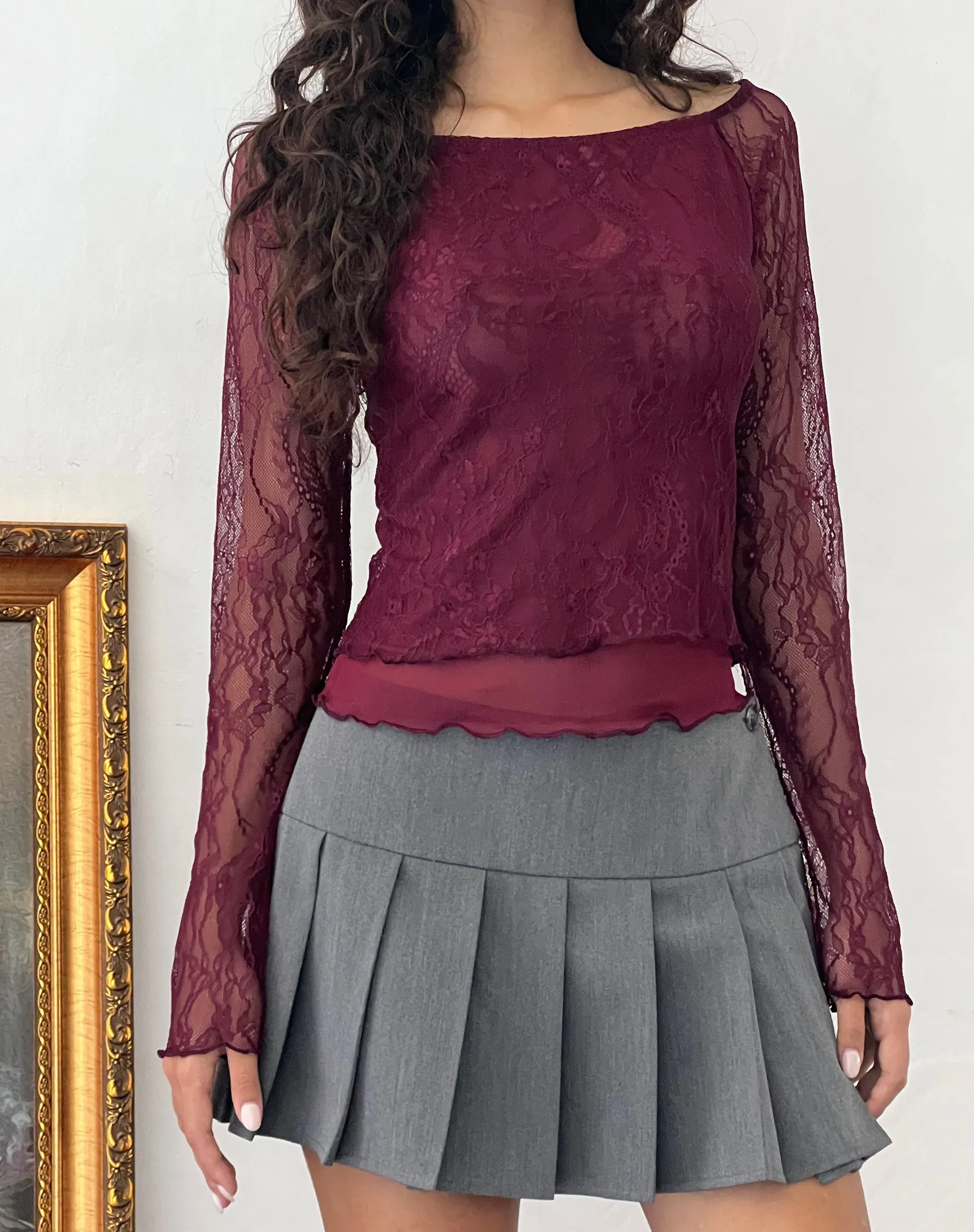 Rory Long Sleeve Top in Lace Burgundy sold by Motel Rocks product image thumbnail 2