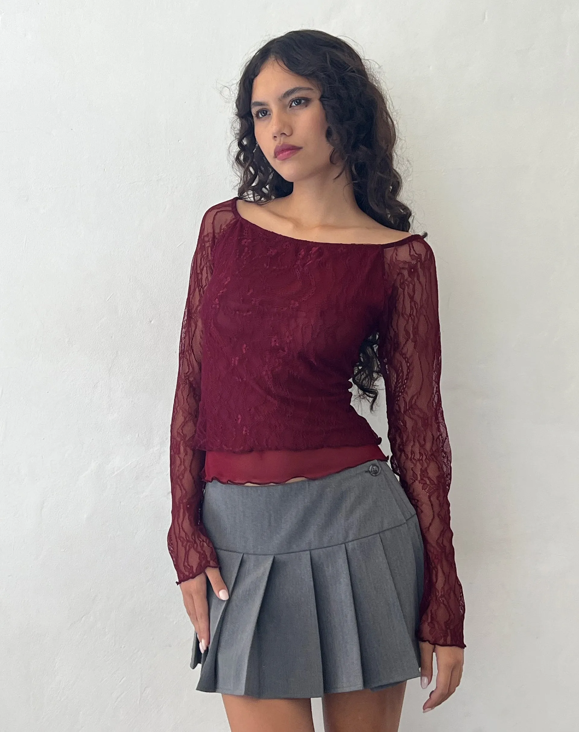 Rory Long Sleeve Top in Lace Burgundy sold by Motel Rocks